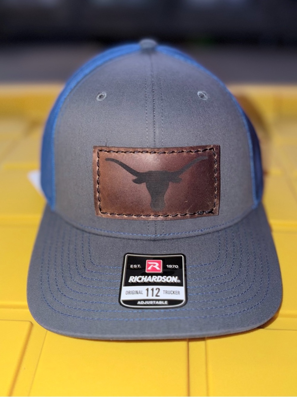 Richardson 112 Trucker Hat with Leather Longhorn Patch - Gray & Blue